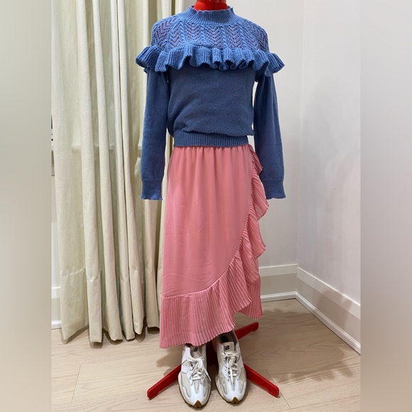 Ruffled Sweater, Blue, Crochet Top, Ruffles, Fitted, Women's (US S) - Picture 2 of 9